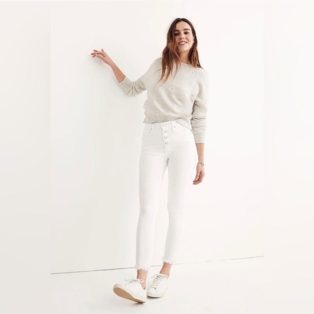 Madewell 10" High Rise Cropped Fringe Step Hem Skinny Jeans White Button Fly